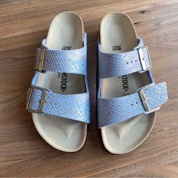 NWOT Birkenstock Arizona dusty blue flat shiny python sandals, size 38 - Picture 7 of 14